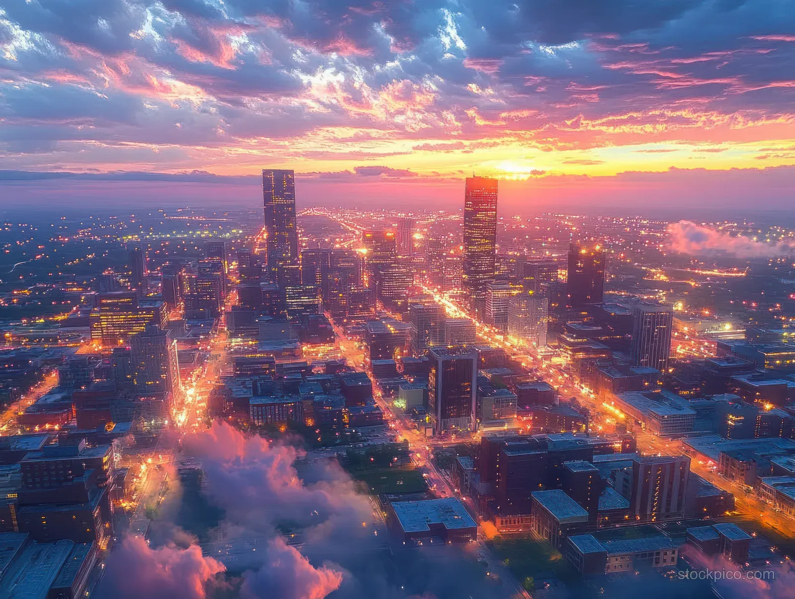 Aerial view of Omaha downtown at sunset with glowing skyscrapers, golden city lights, and dramatic clouds.