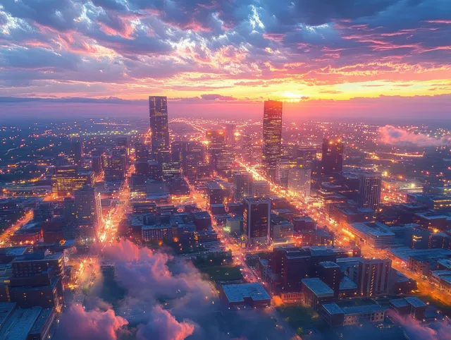 Aerial Omaha downtown skyline at sunset with glowing skyscrapers, river haze, and dramatic clouds