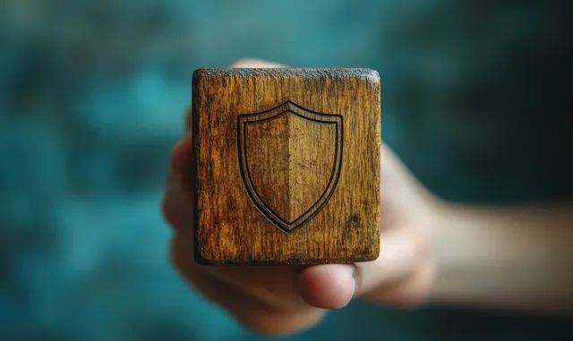 A hand holds a wooden block carved with a shield icon against a dark blue cybersecurity background.