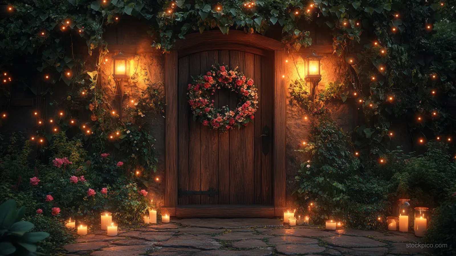 A decorated wooden front door at night with flower garlands, glowing diyas, and surrounding string lights.