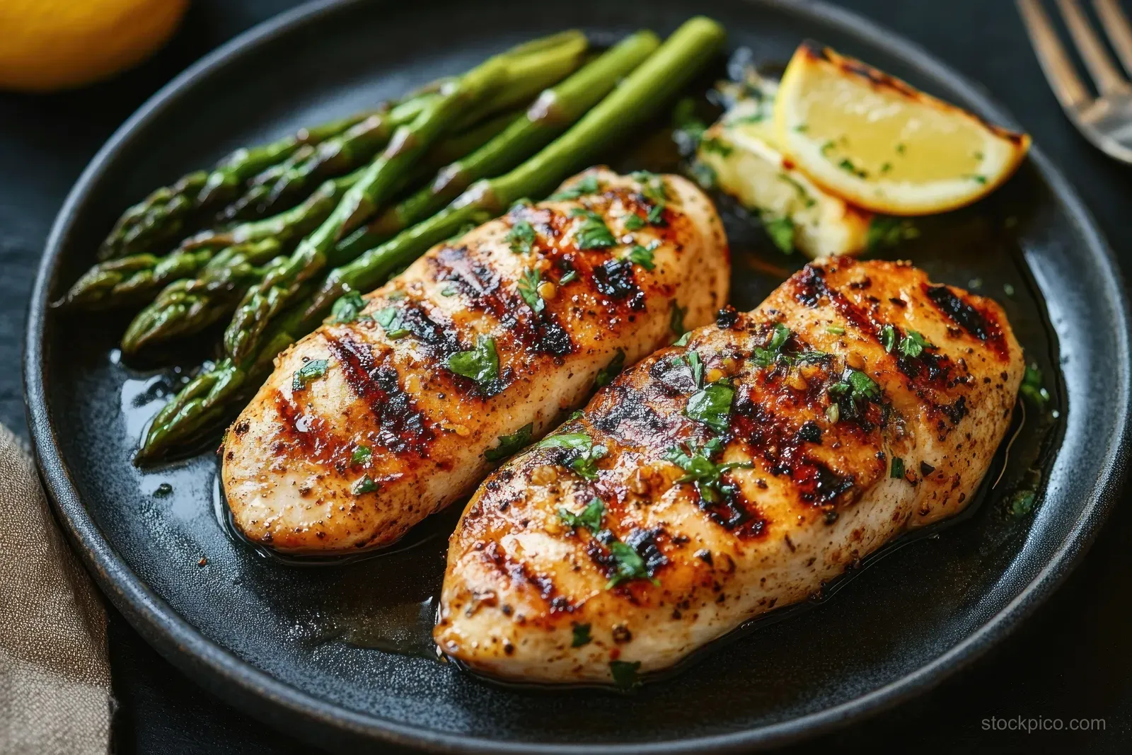 Two char-grilled chicken breasts with roasted asparagus, fresh herbs, and a lemon wedge on a black plate.
