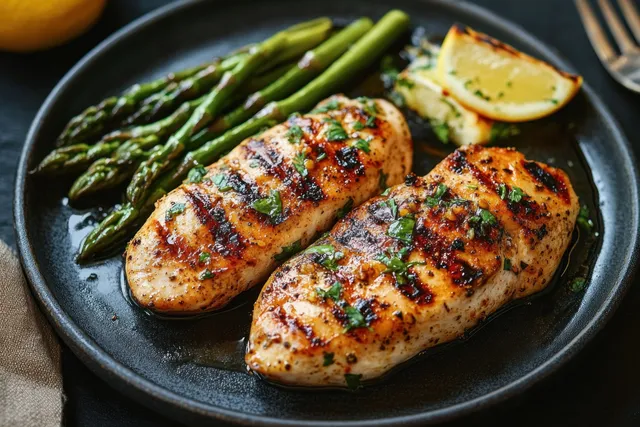 Grilled chicken breast and roasted asparagus on a black plate with lemon and herbs