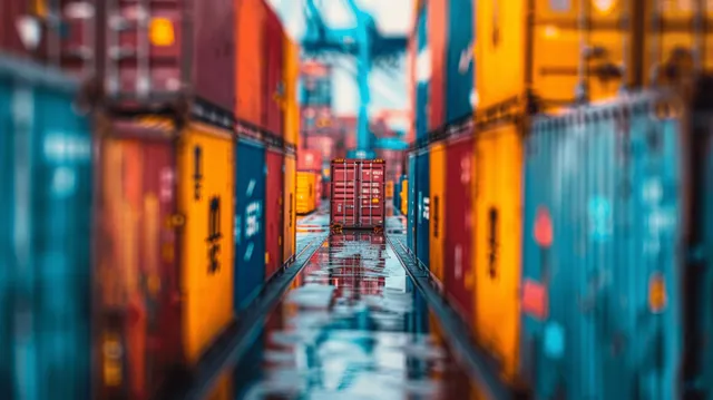 Tilt-shift view down stacked shipping containers at a busy port loading terminal