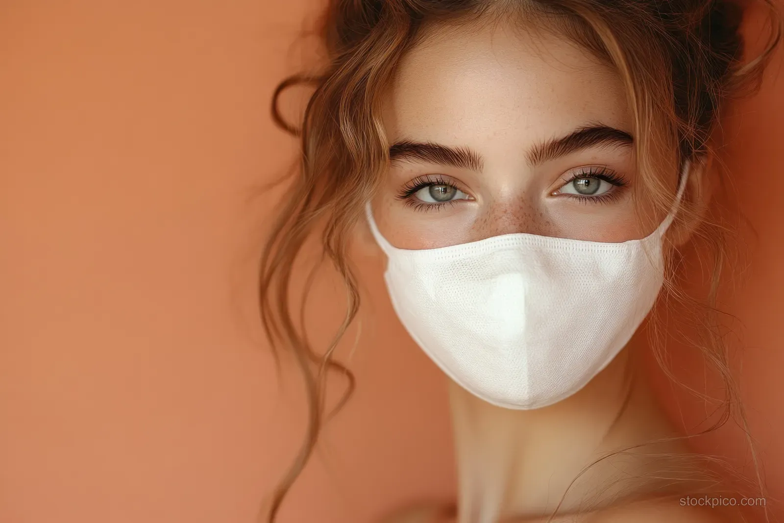 Smiling European woman removing a white sheet face mask in front of a smooth beige background.