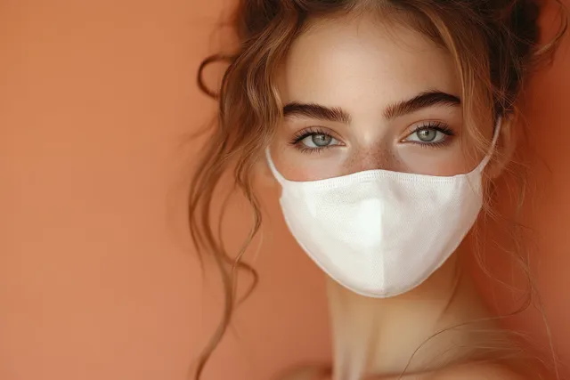Smiling European woman removing a white sheet mask with soft beige studio lighting
