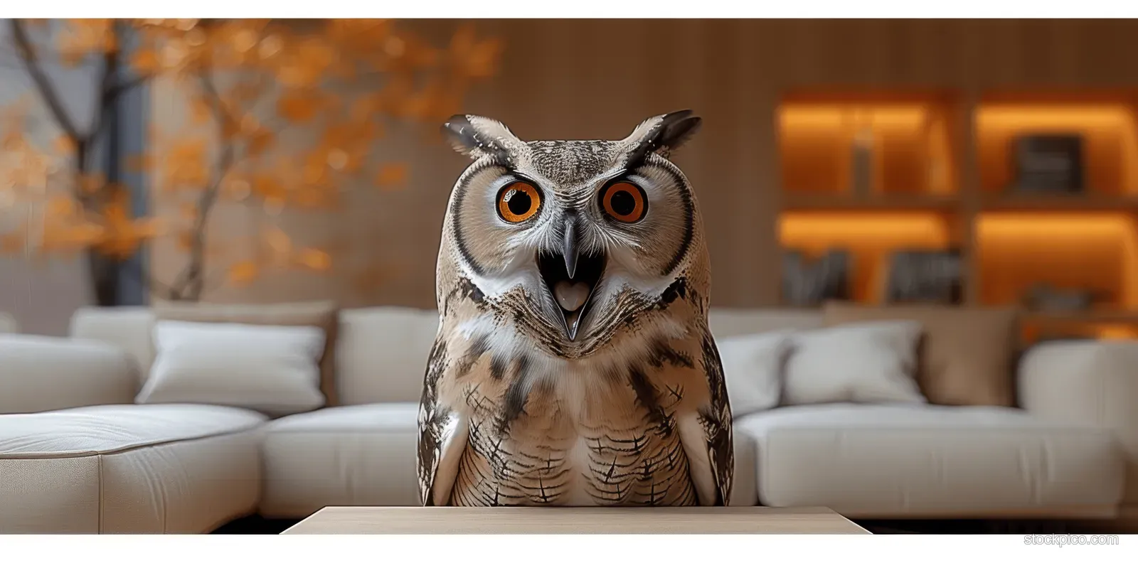 A startled owl with wide eyes and an open beak is isolated on a bright yellow studio background.