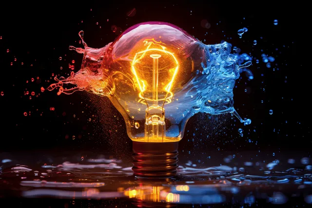 Colorful glowing light bulb with flame and splash, abstract concept of creative ideas