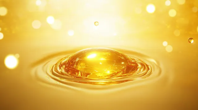 A glowing golden serum droplet rests in a reflective pool over a warm background with soft light bokeh.