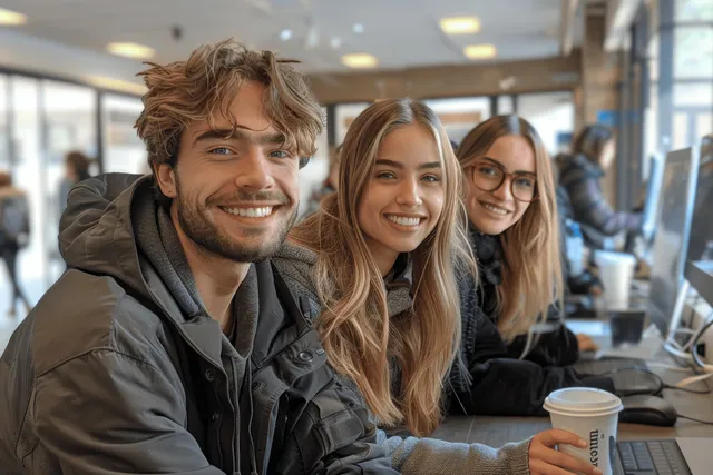 Young coworkers smiling at desk, collaborating in a bright modern office with coffee cup