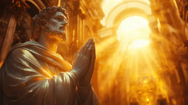 Praying saint statue inside cathedral, hands clasped in prayer, glowing golden light behind