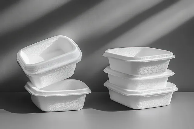 Six white disposable foam food containers with lids stacked on a gray tabletop under dramatic shadows.