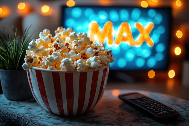 Popcorn bucket and remote on coffee table with MAX show glowing on smart TV