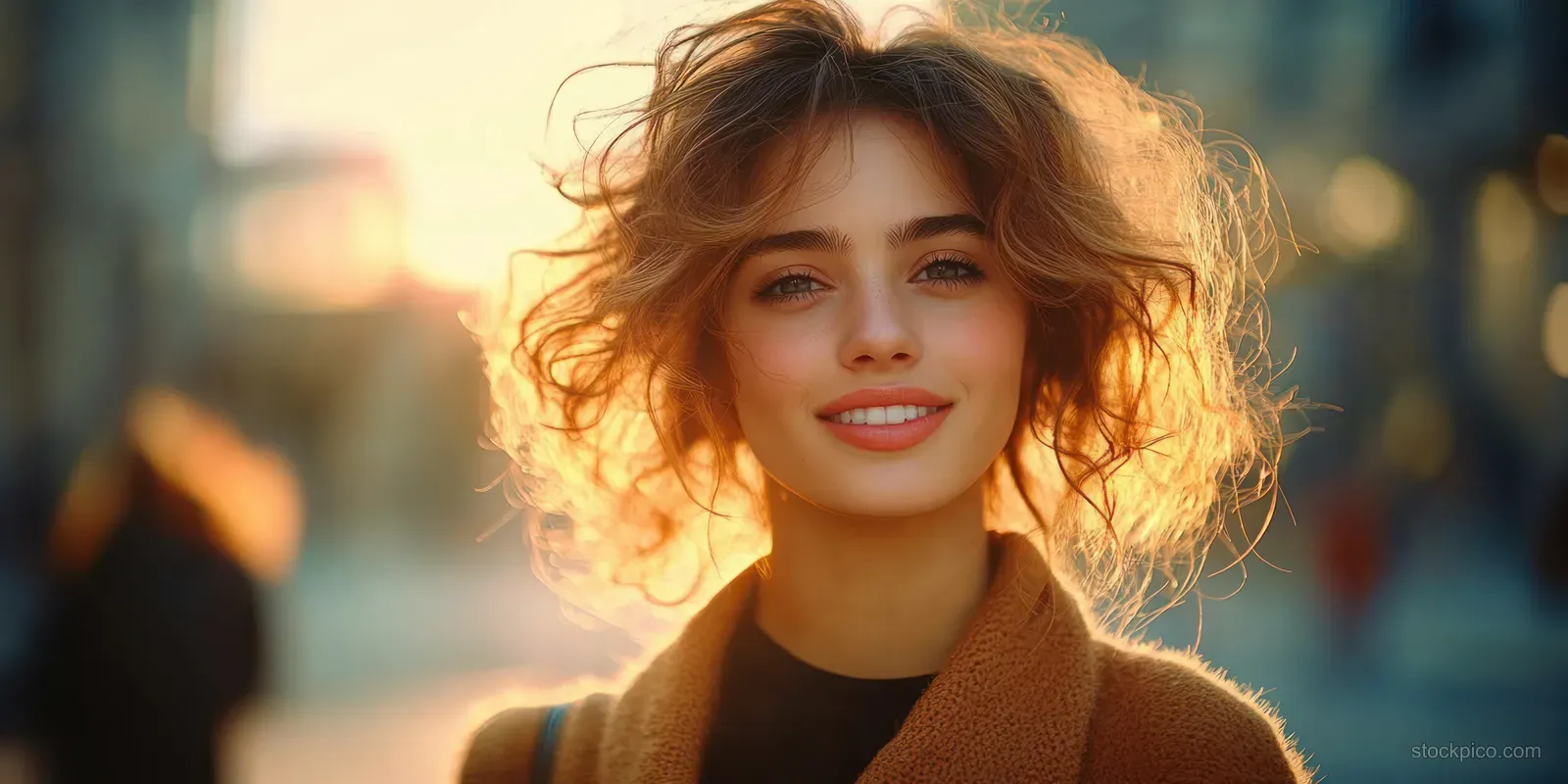 Smiling young woman with curly hair holding a smartphone on a city street during golden sunset light.