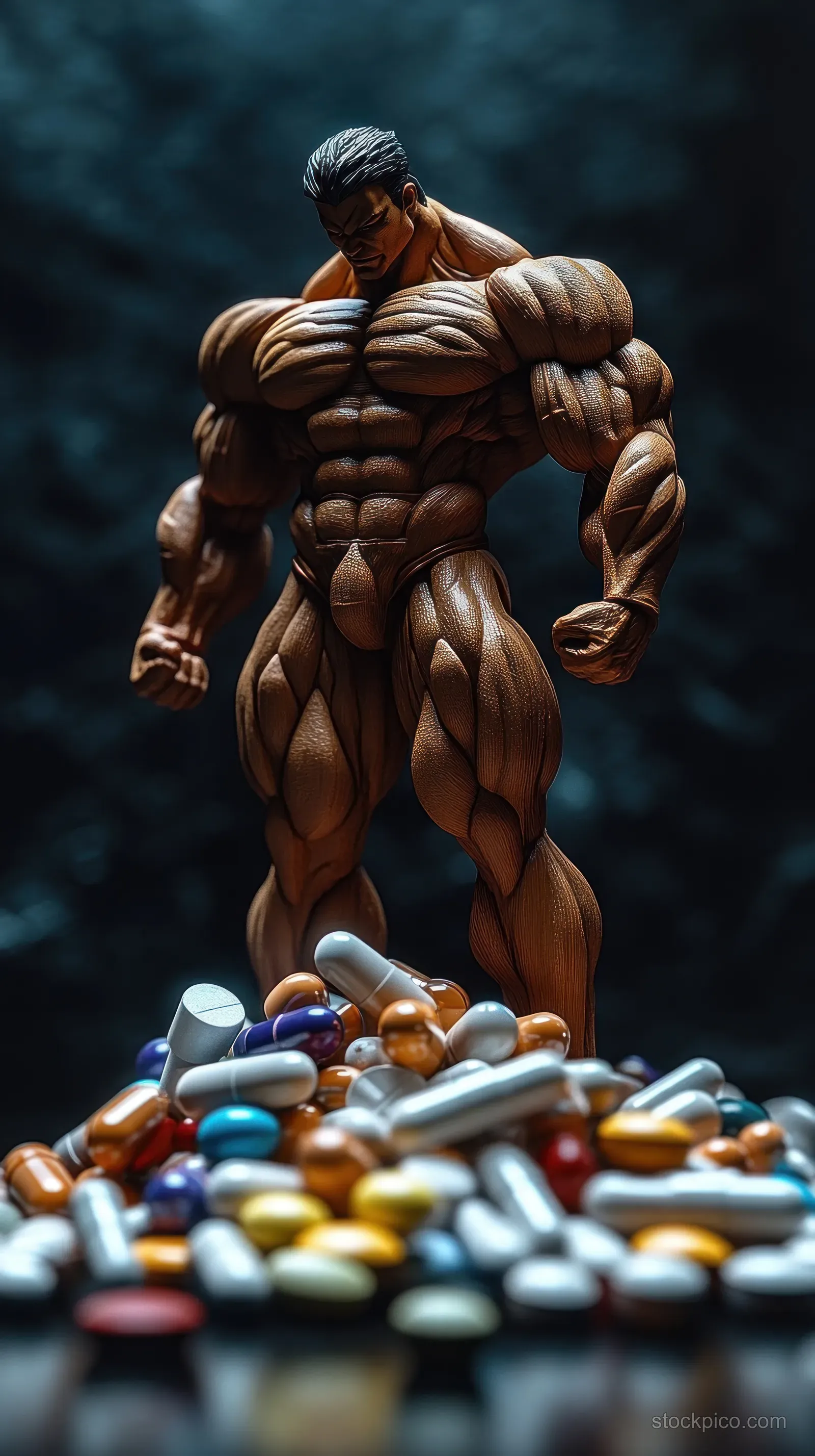 A muscular bodybuilder stands over colorful pills and capsules piled in the foreground against a dark blurred background.