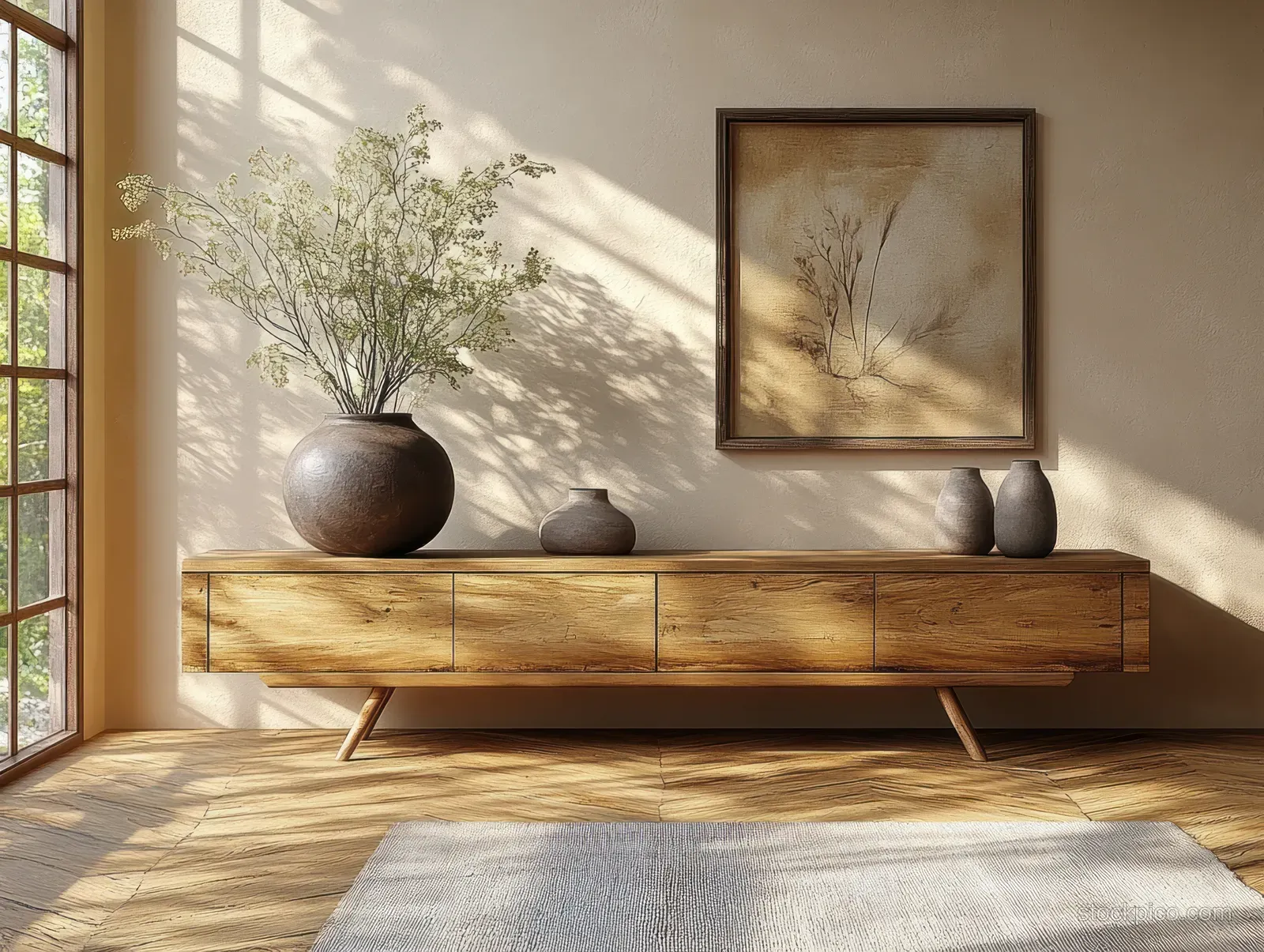 Sunlit neutral room featuring a wooden sideboard with vases and a framed artwork on the wall.