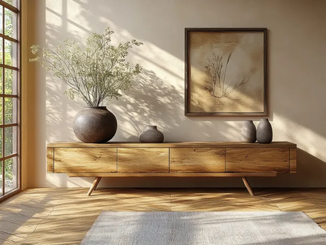 Sunlit neutral room featuring a wooden sideboard with vases and a framed artwork on the wall.