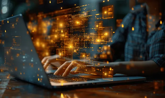 Hands using a laptop with glowing e-document approval icons in a cyber workspace