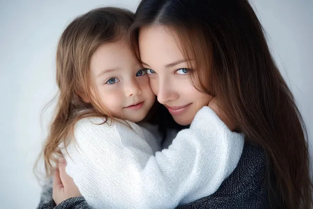 A mother holds her daughter in a close embrace as both smile gently in soft studio light.