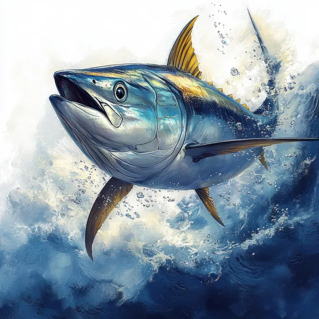 Bluefin tuna leaps from ocean waves, iridescent scales scattering spray in sunlight
