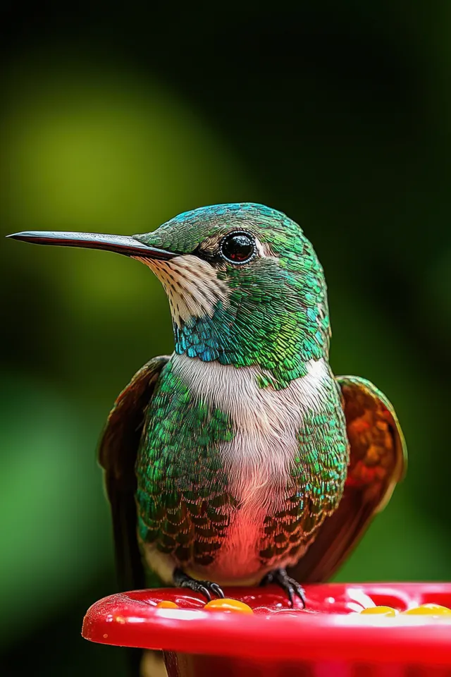 Close-up hummingbird perched on a red nectar feeder, sharp eye and iridescent green feathers
