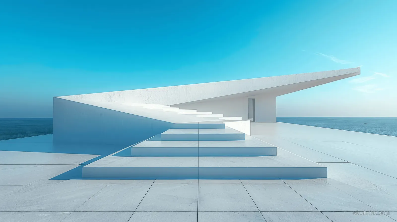 Layered white concrete platform steps lead toward a bright blue sky with a distant sea horizon.