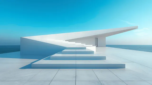 Layered white concrete platform steps lead toward a bright blue sky with a distant sea horizon.