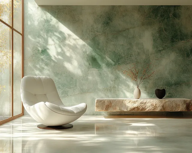 A white lounge chair and stone table sit in a sunlit minimalist room with window shadows and soft curtains.