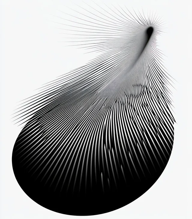 A black droplet-like form filled with fine flowing lines spirals inward against a white background.