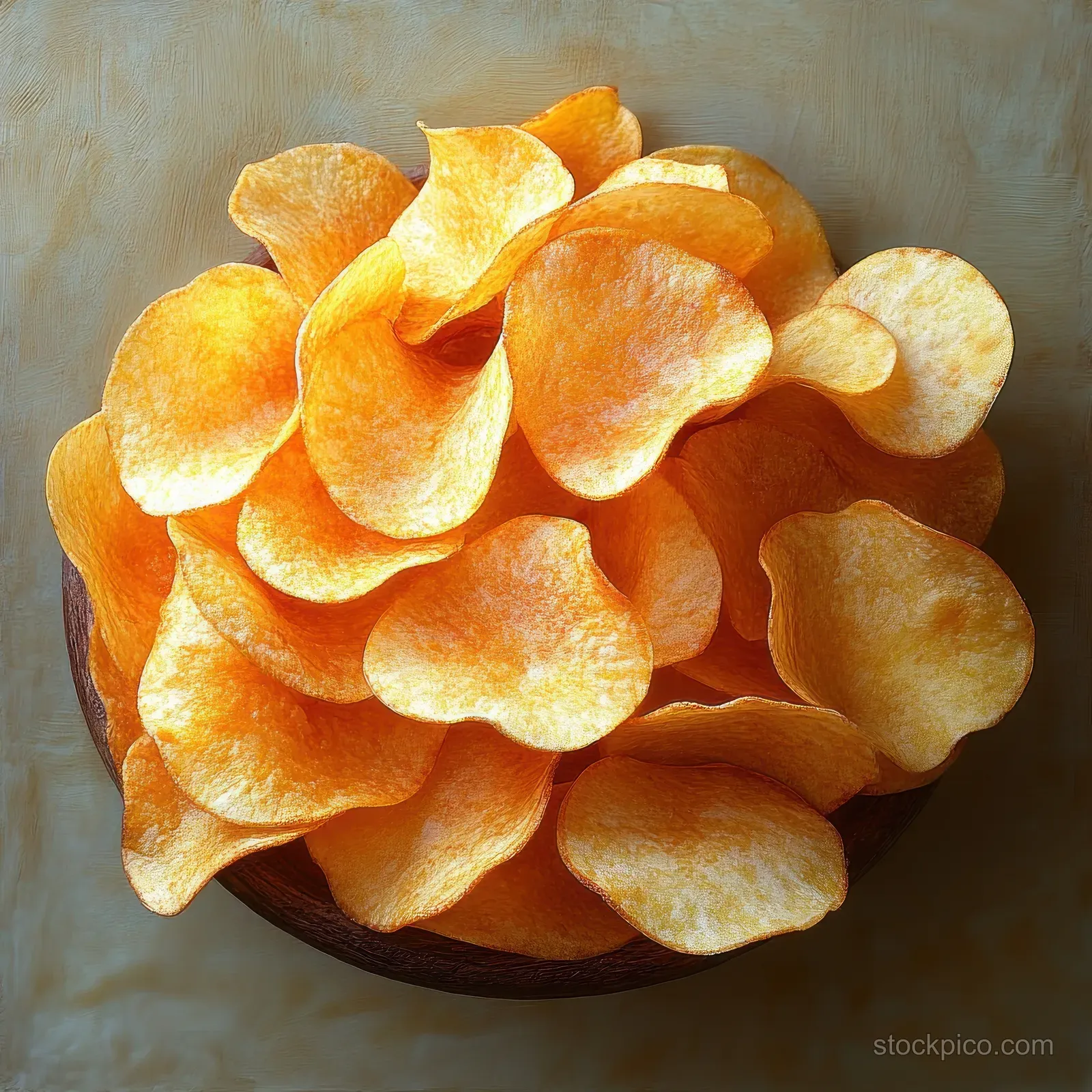 A wooden bowl filled with golden potato chips on a textured beige background.