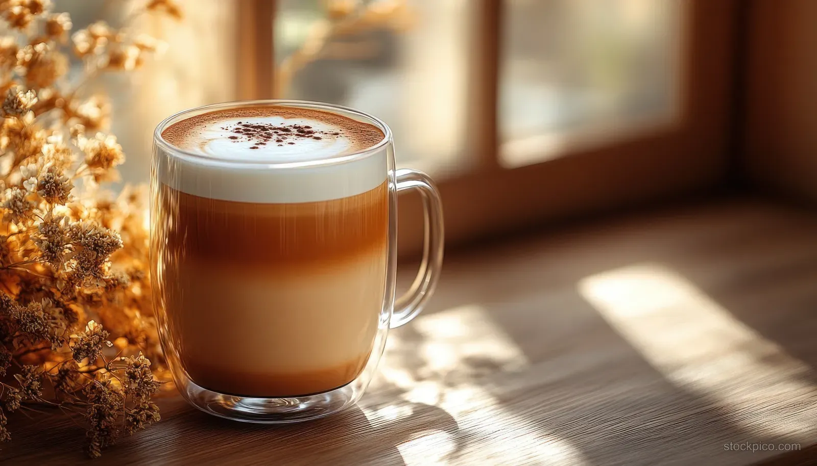 Latte coffee in a clear glass mug with frothy milk foam and cinnamon dust on a gray surface.