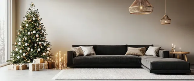 Christmas tree stands beside a dark gray sofa in a Scandinavian living room with candles and gift boxes.