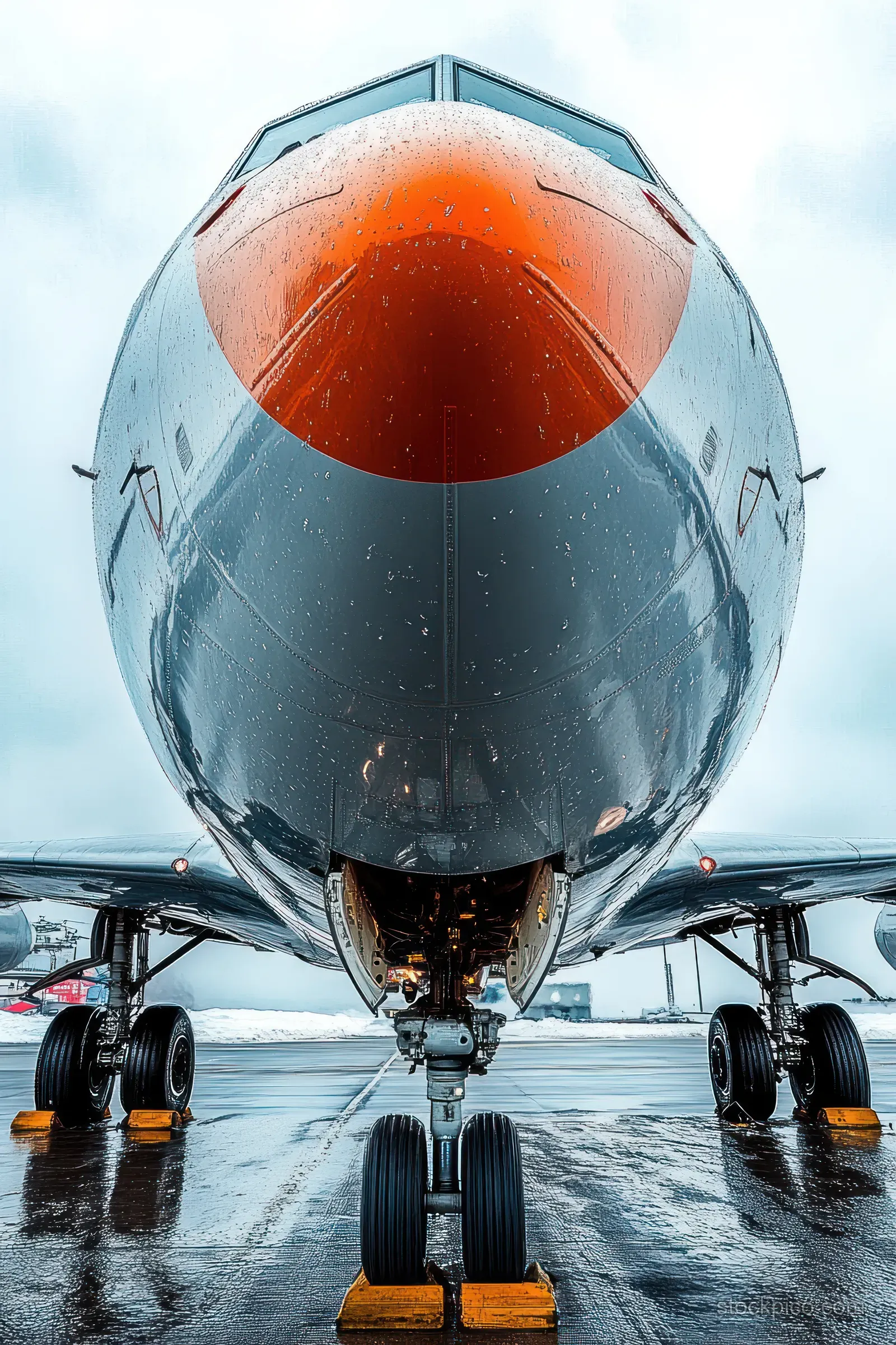 Front view of a commercial jet on a wet airport runway with yellow chocks blocking the nose landing gear wheel.