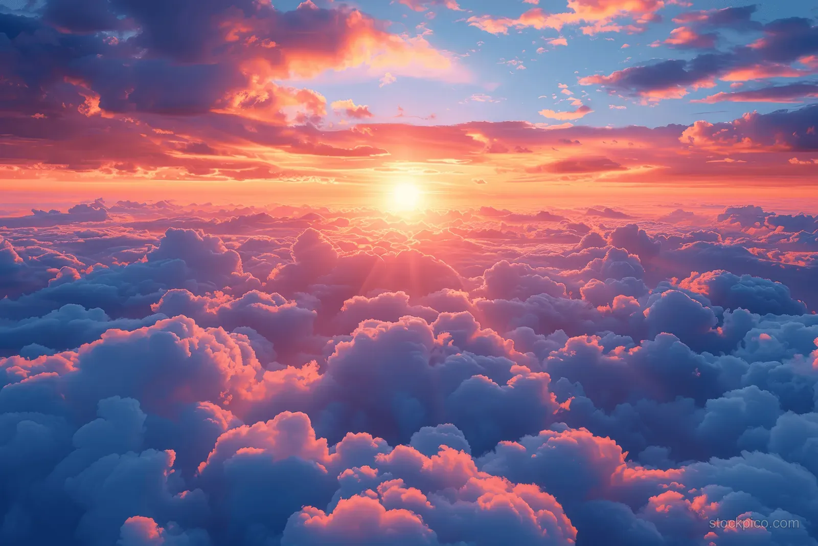 Sunrise with bright orange and pink light shining over layered cloud tops across a wide sky horizon.