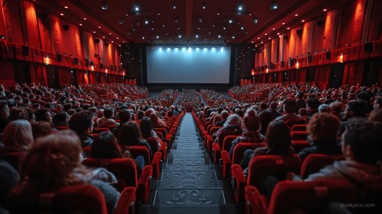 A crowded movie theater with red seats facing a bright white screen and dark stage lighting.