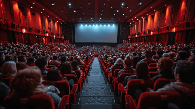 A crowded movie theater with red seats facing a bright white screen and dark stage lighting.