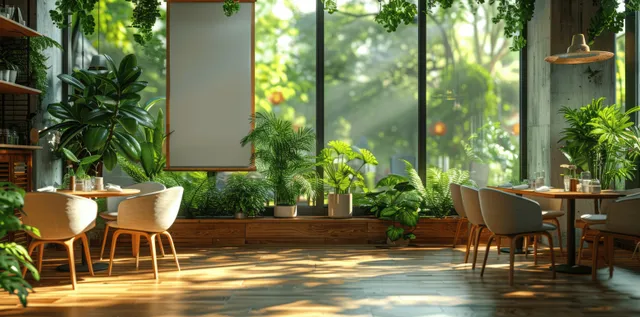 Blank roll-up banner stands in a modern restaurant lobby with wooden floors, large windows, and potted plants.
