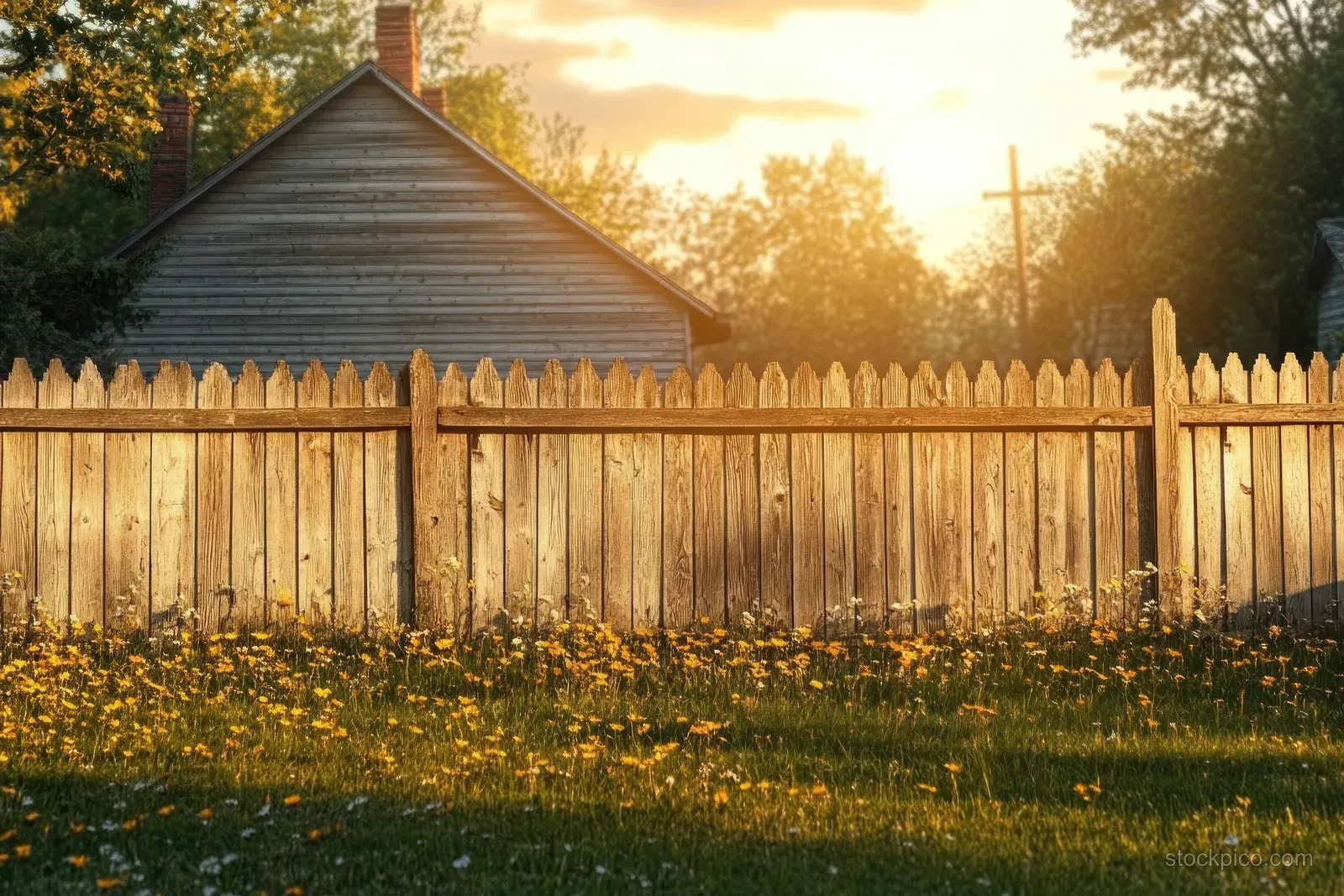Sunlit wooden picket fence with yellow wildflowers and green grass in front of a rustic house at golden-hour sunset.