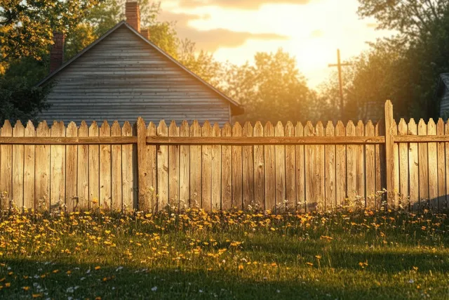 Sunlit wooden picket fence with yellow wildflowers and green grass in front of a rustic house at golden-hour sunset.