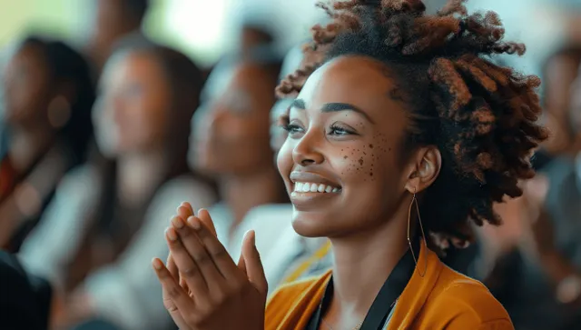 A smiling woman in a business conference audience claps her hands while others applaud behind her.
