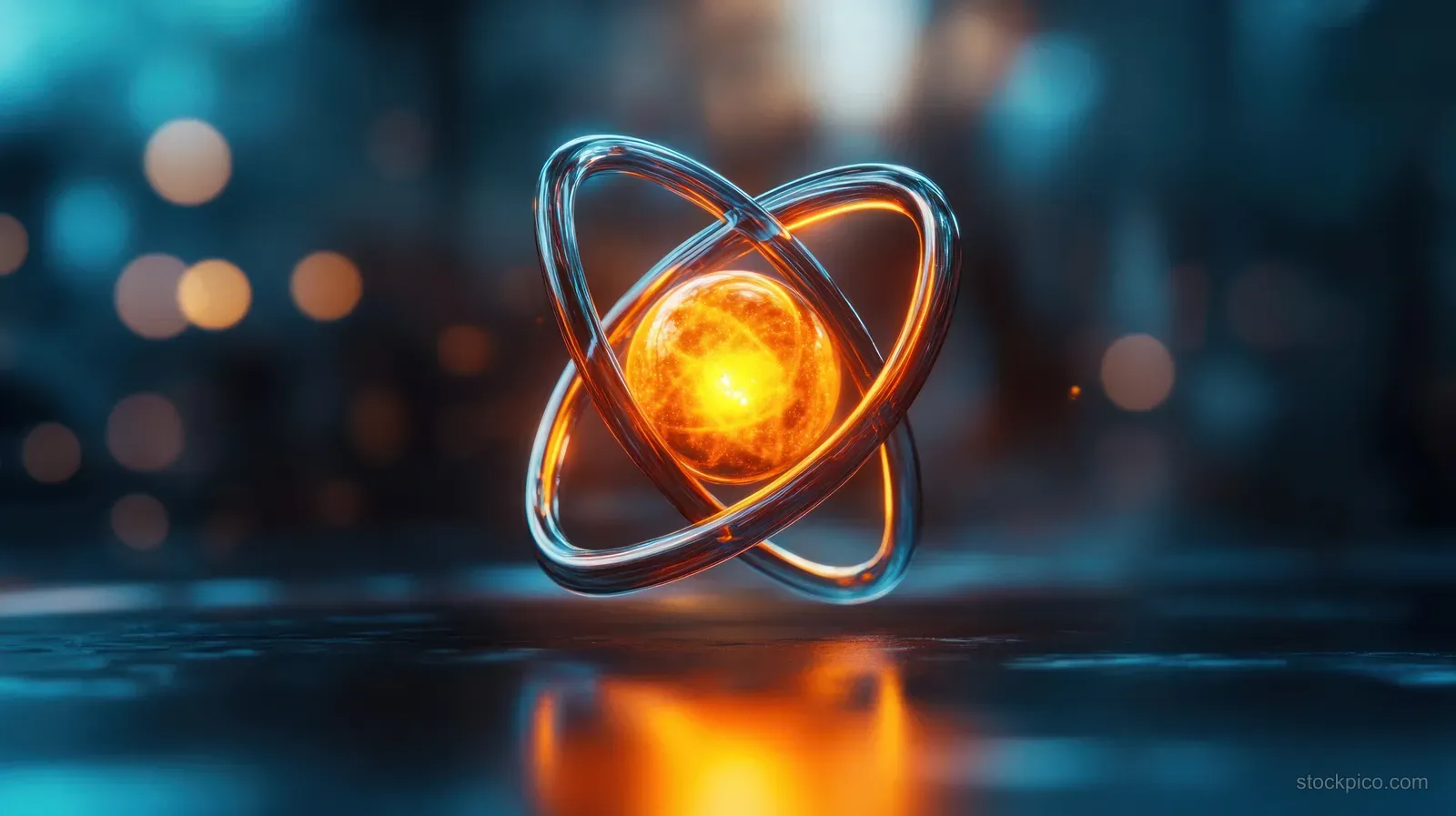 A glowing orange atom model with silver electron orbits hovers over a reflective surface against a dark blue blur.
