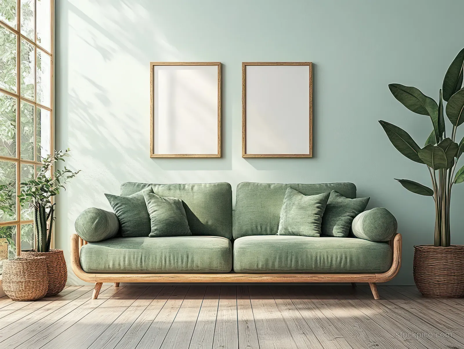 Light green sofa sits against white walls with two empty picture frames, potted plants, and bright natural window light.