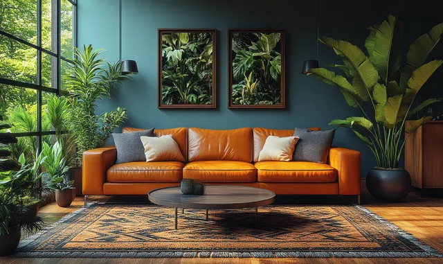 Orange leather sofa sits in a cozy living room with indoor plants, a patterned rug, and warm ambient lighting.