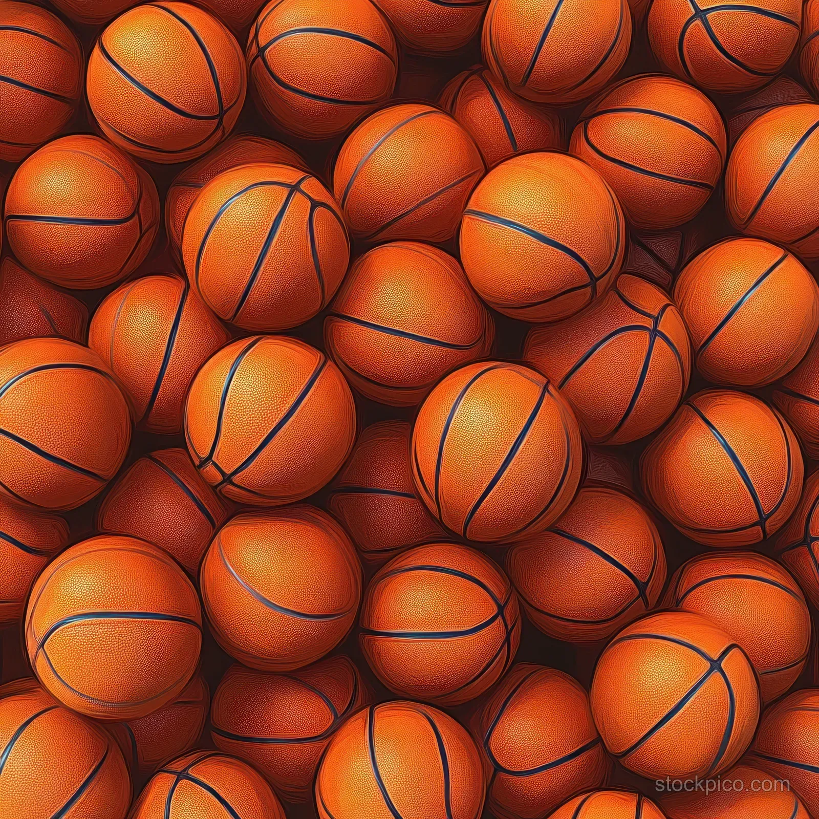 A vibrant 3D render of stacked basketballs creates a dynamic pile with warm orange tones and soft shadows.