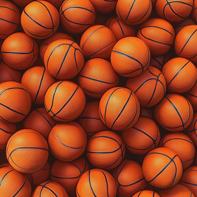 A vibrant 3D render of stacked basketballs creates a dynamic pile with warm orange tones and soft shadows.