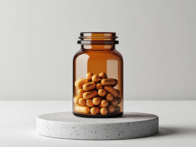 A clear glass medicine bottle filled with golden capsules on a speckled white pedestal against a light background.