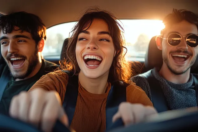 Family members sing and laugh in the sunny front seats of a car during a road trip.