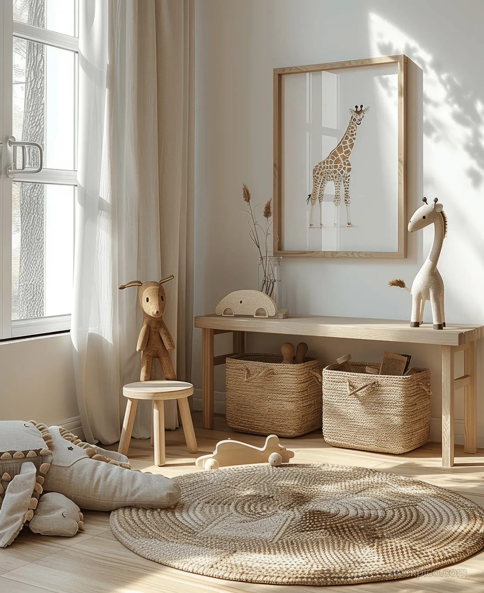 Minimal kids room with a wooden picture frame, giraffe decor, toys, and sunlight through a window onto a patterned rug.