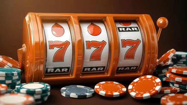 A 3D slot machine with triple 7s sits on a casino table with scattered poker chips around it.