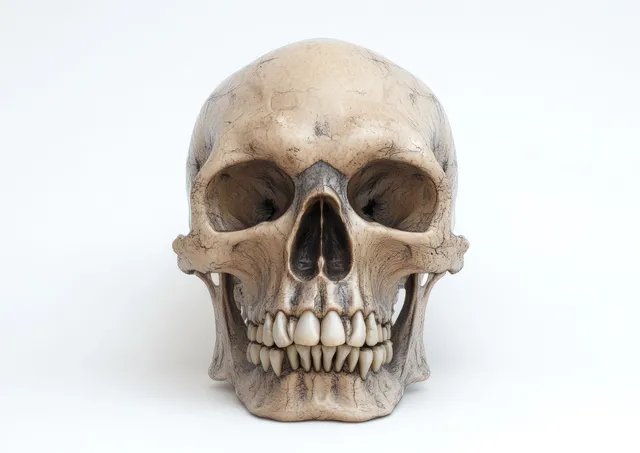 Frontal view of a human skull with visible teeth and hollow eye sockets isolated on a white background.