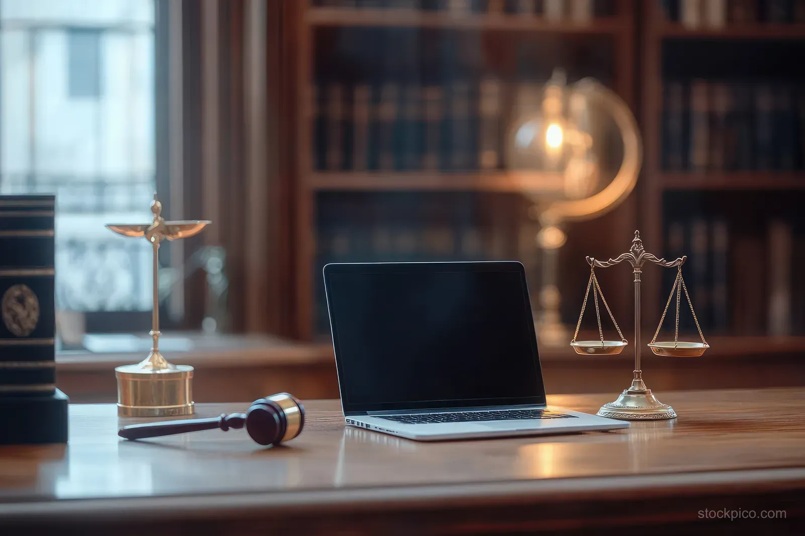 Brass balance scales and a wooden gavel sit beside a laptop on a wooden law office desk near bookshelves.